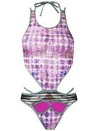 Janiero Panelled Print Swimsuit, Women's, Size: G, Pink/purple, Elastodiene/polyamide