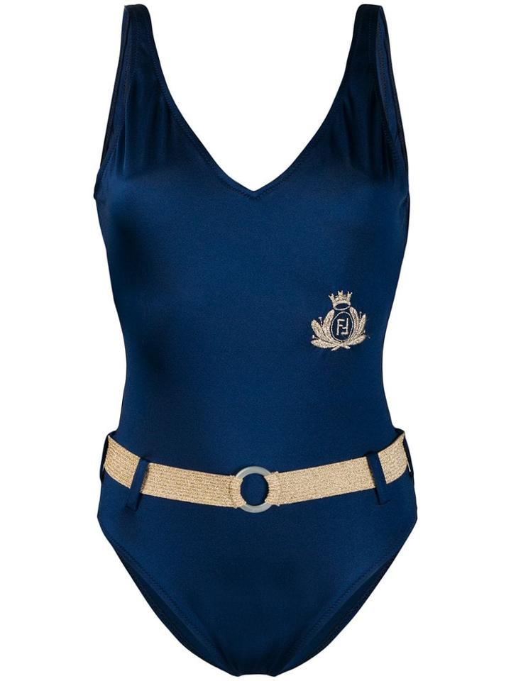 Fendi Vintage Metallic Embroidery Belted Swimsuit - Blue
