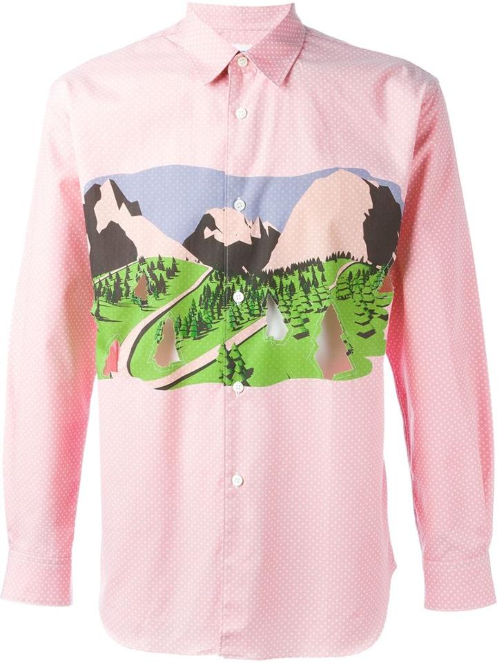 Comme Des Garçons Shirt Landscape Print Cut-out Shirt, Men's, Size: Small, Pink/purple, Cotton