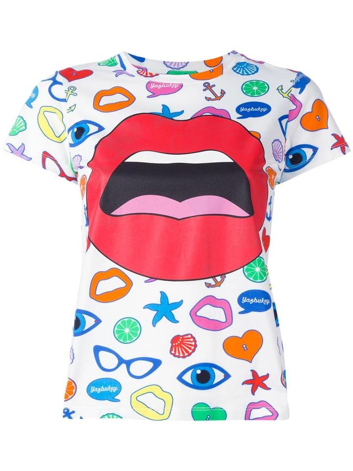 Yazbukey Mouth Print T-shirt, Women's, Size: Large, White, Cotton