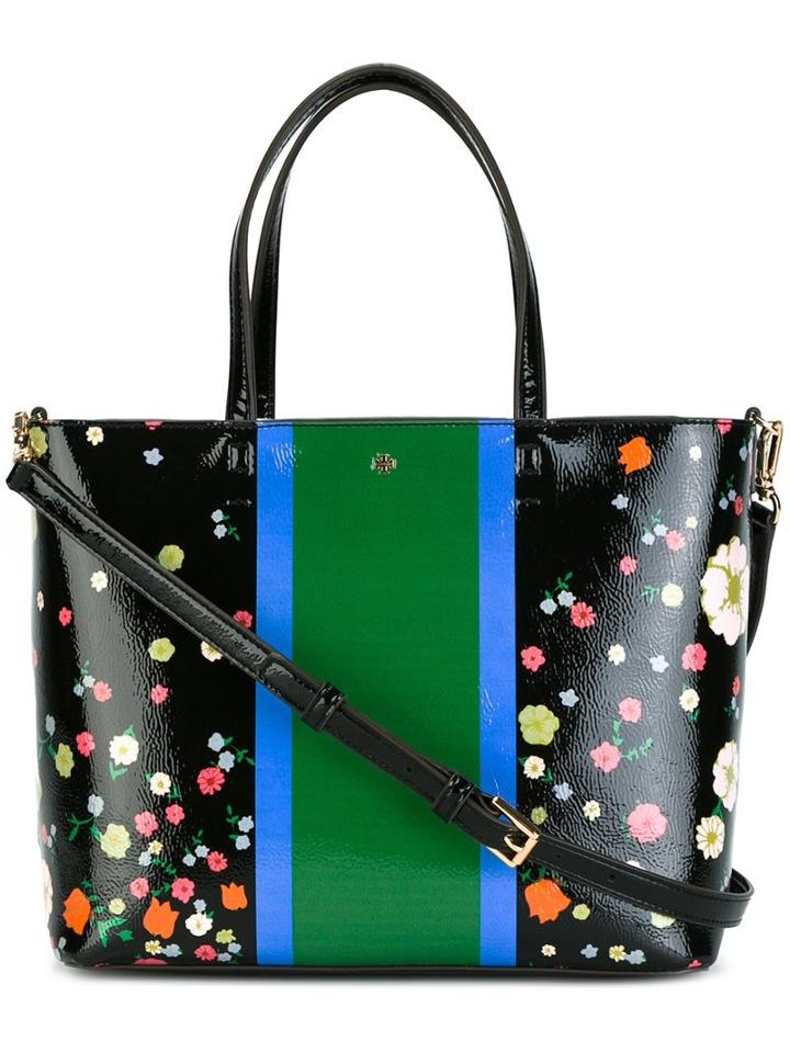 Tory Burch Flower Print Striped Tote, Women's, Black