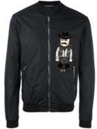Dolce & Gabbana Cowboy Patch Bomber Jacket, Men's, Size: 48, Black, Polyamide/sheep Skin/shearling/polyamide