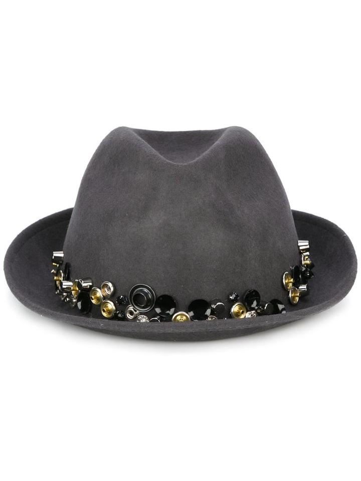 Le Chapeau Button Embellished Fedora Hat, Women's, Size: 57, Grey, Merino/metal