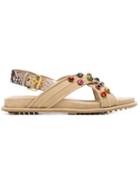 Car Shoe Embellished Sandals, Women's, Size: 35.5, Nude/neutrals, Suede/leather/cotton/brass
