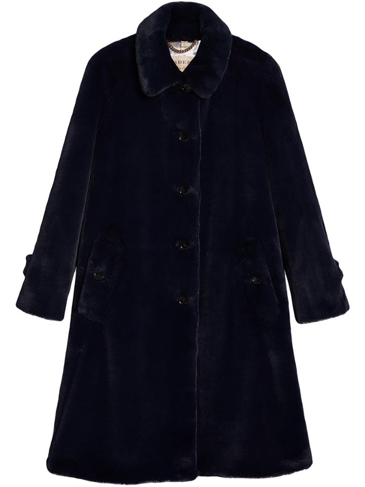 Burberry Faux Fur Single-breasted Car Coat - Blue