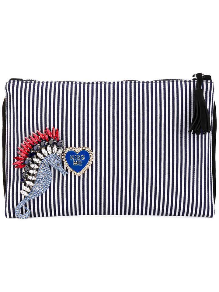 Lisa C Bijoux - Embellished Stripe Clutch - Women - Cotton/metal/glass - One Size, Blue, Cotton/metal/glass