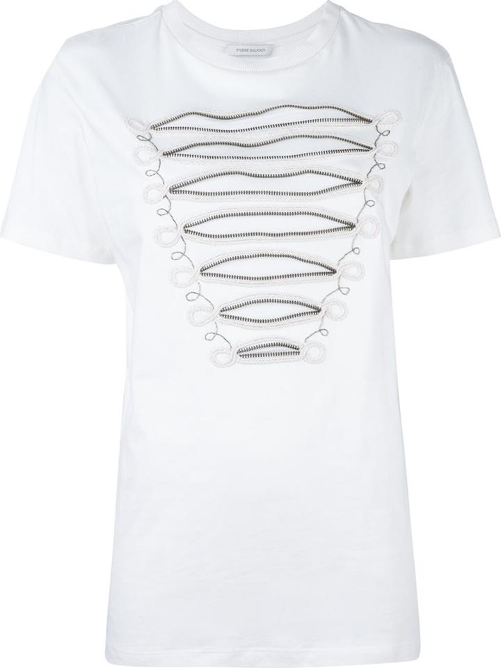 Pierre Balmain Embroidered Detailing T-shirt, Women's, Size: 38, White, Cotton