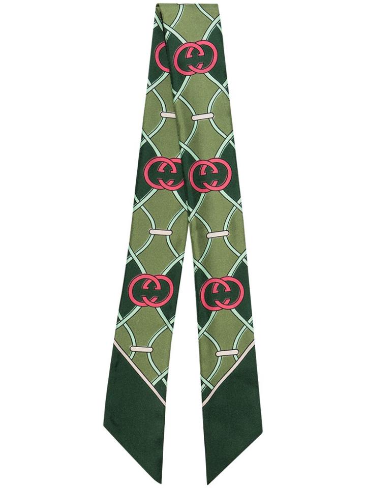 Gucci Green And Red Gg Logo Print Silk Scarf