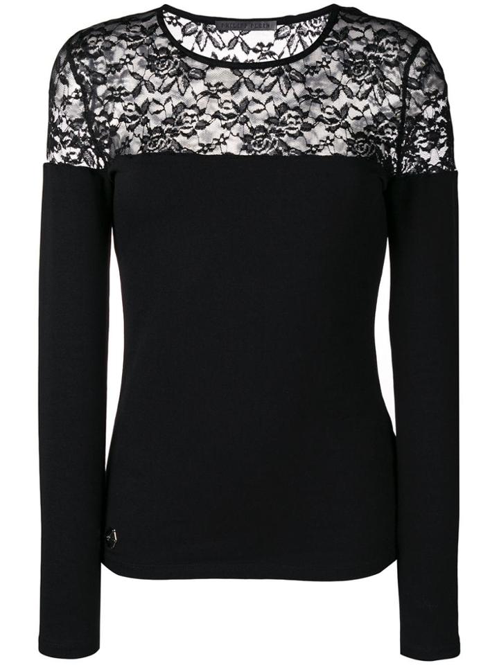 Philipp Plein Lace Panel Jersey Top - Black