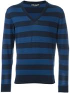 Dolce & Gabbana V-neck Striped Jumper, Men's, Size: 46, Blue, Cotton