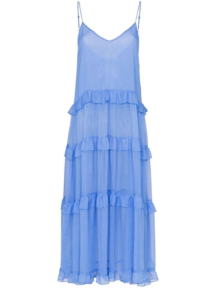 Les Reveries V-neck Ruffle Silk Dress - Blue