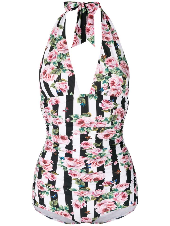 Dolce & Gabbana Striped Rose Print Swimsuit - Black