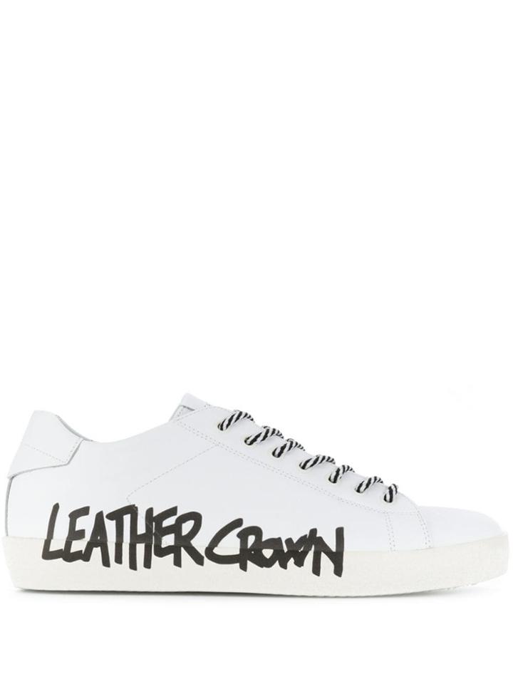 Leather Crown Logo Print Snakers - White