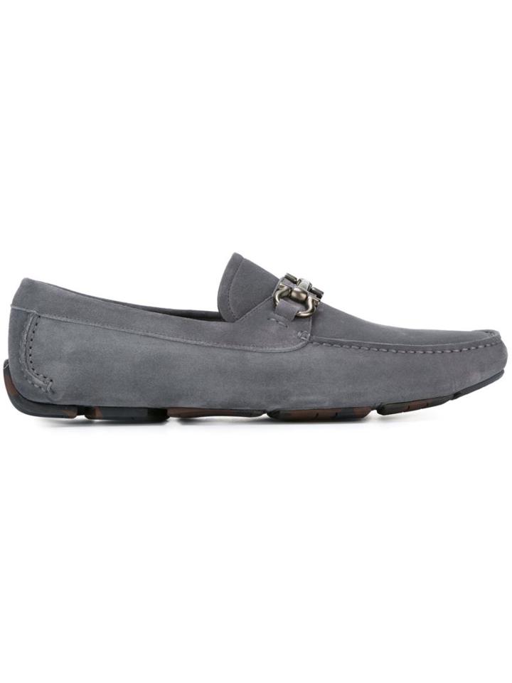 Salvatore Ferragamo Gancini Buckle Loafers, Men's, Size: 10, Grey, Suede/leather/rubber