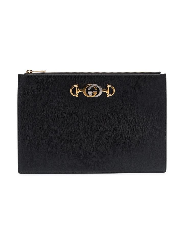 Gucci Black Gg Brooch-embellished Leather Clutch Bag