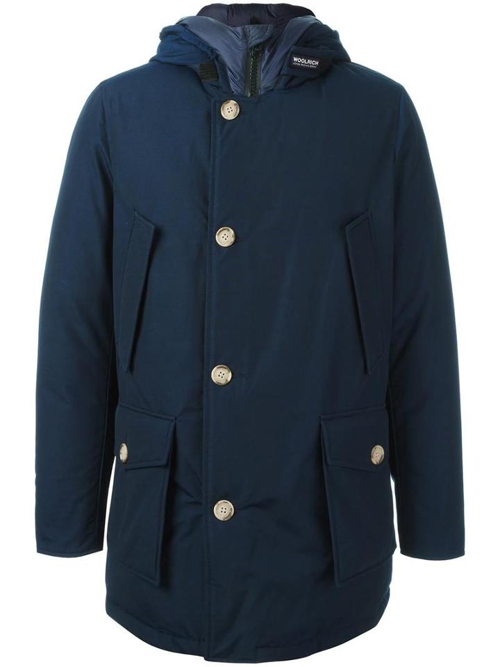 Woolrich Buttoned Hooded Coat, Men's, Size: Xl, Blue, Cotton/feather Down/polyamide