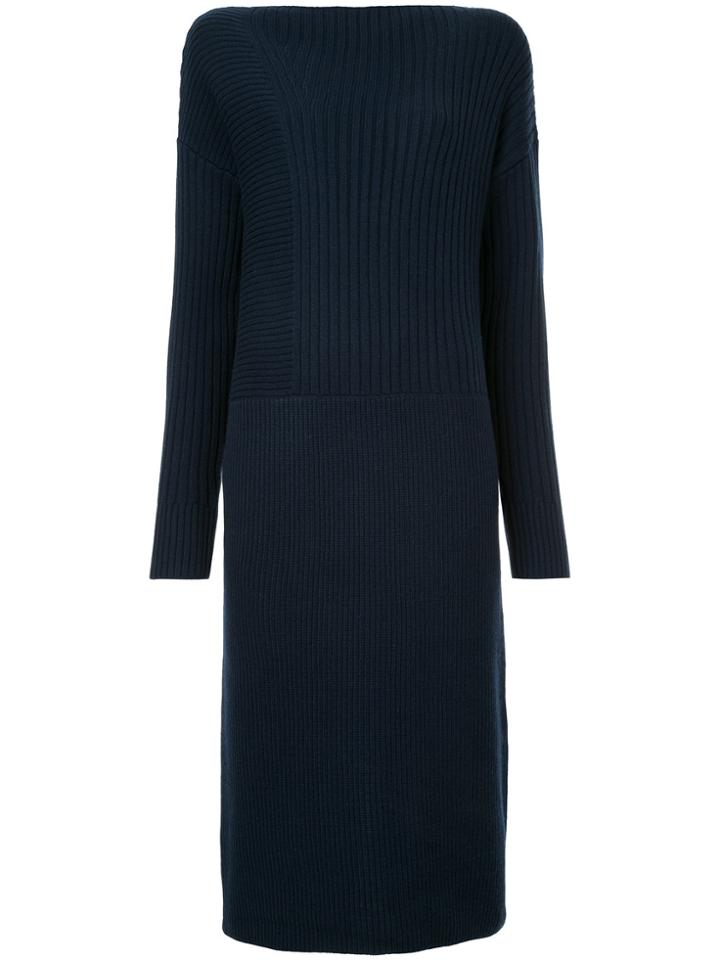Estnation Ribbed Knit Boat Neck Sweater Dress - Blue