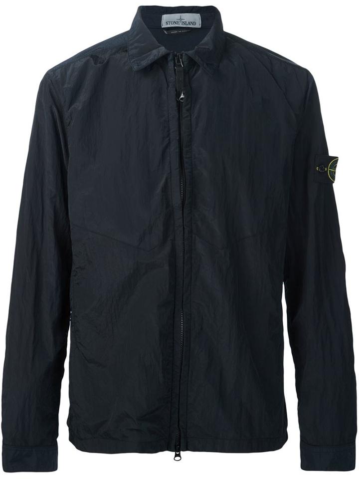 Stone Island Logo Badge Zip-up Jacket, Men's, Size: Xl, Blue, Cotton/polyamide