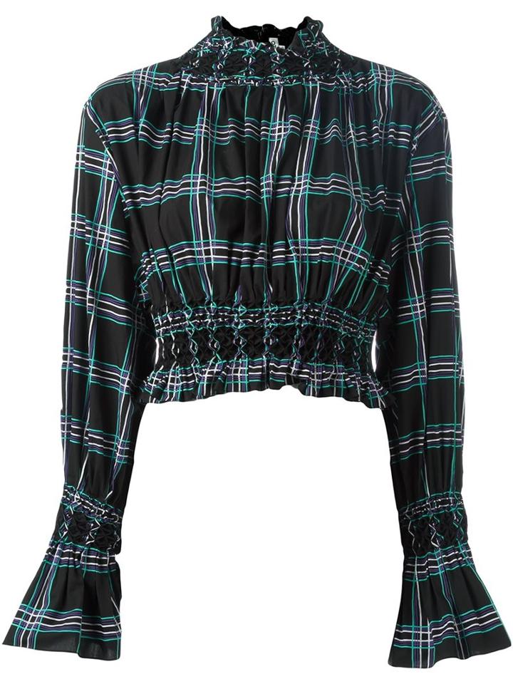 Kenzo Plaid Smocked Blouse, Women's, Size: 38, Black, Cotton