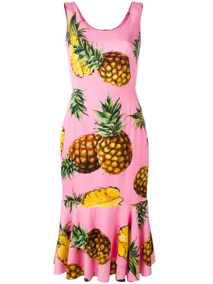 Dolce & Gabbana Pineapple Print Peplum Dress, Women's, Size: 46, Pink/purple, Silk/spandex/elastane