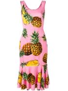 Dolce & Gabbana Pineapple Print Peplum Dress, Women's, Size: 46, Pink/purple, Silk/spandex/elastane
