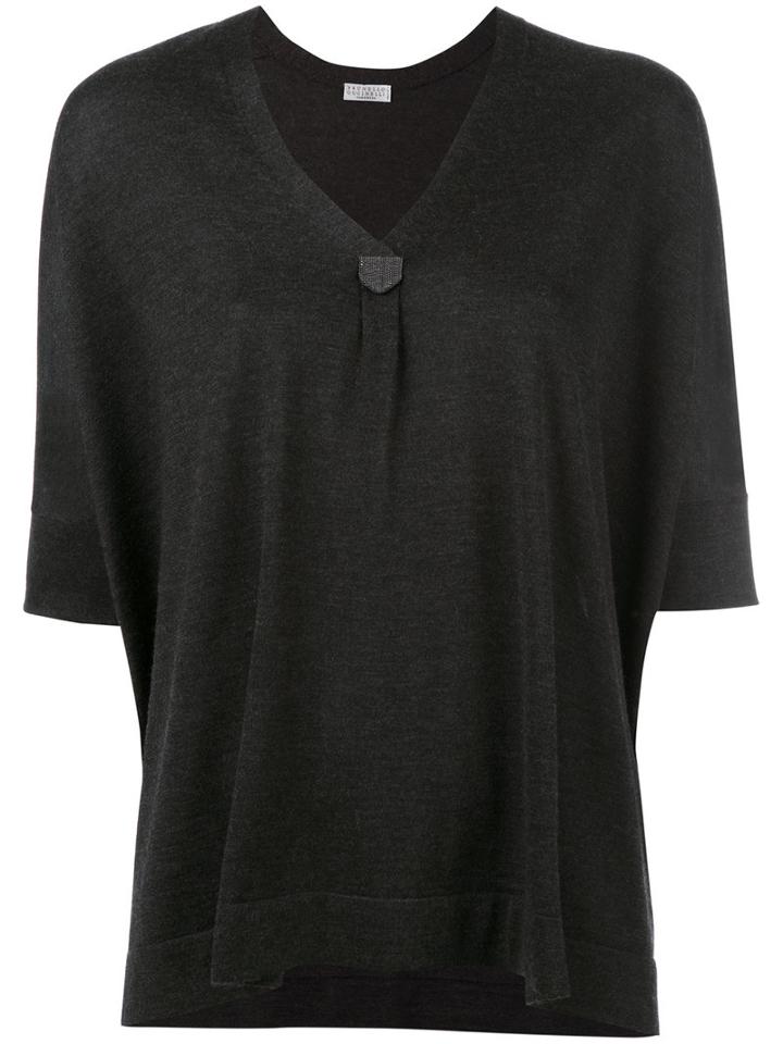 Brunello Cucinelli V-neck Blouse, Women's, Size: Small, Black, Cotton/cashmere/silk
