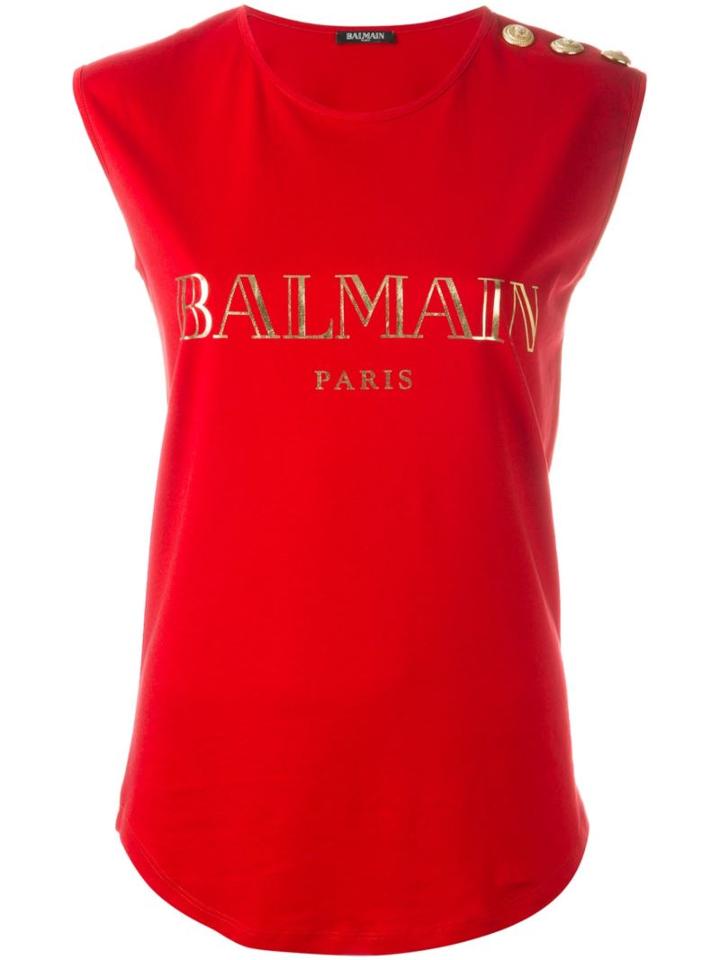 Balmain Logo Print Tank Top, Women's, Size: 40, Red, Cotton