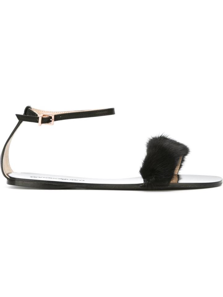 Anna Baiguera Ankle Strap Flat Sandals, Women's, Size: 6, Black, Leather/mink Fur