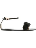 Anna Baiguera Ankle Strap Flat Sandals, Women's, Size: 6, Black, Leather/mink Fur