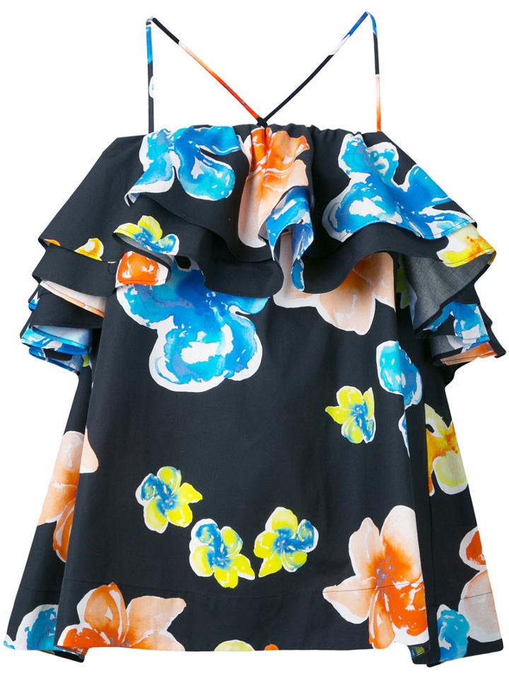 Msgm - Floral Frill Halterneck Top - Women - Cotton - 42, Black, Cotton