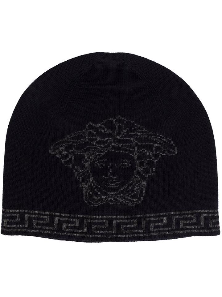 Versace Medusa Greca Beanie, Men's, Blue, Silk/wool