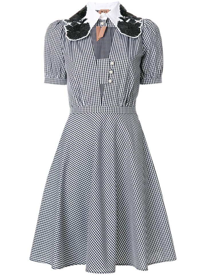 No21 Flared Gingham Cut-out Dress - Black
