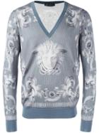 Versace 'lenticular Foulard' V-neck Jumper, Men's, Size: 46, Grey, Wool/silk