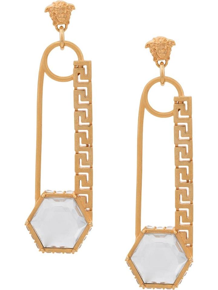 Versace Crystal Embellished Safety Pin Earrings - Gold