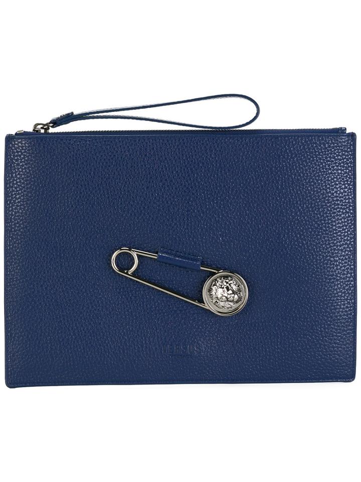 Versus Safety Pin Clutch, Men's, Blue, Calf Leather/metal