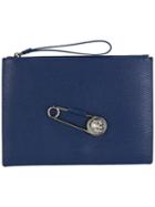 Versus Safety Pin Clutch, Men's, Blue, Calf Leather/metal