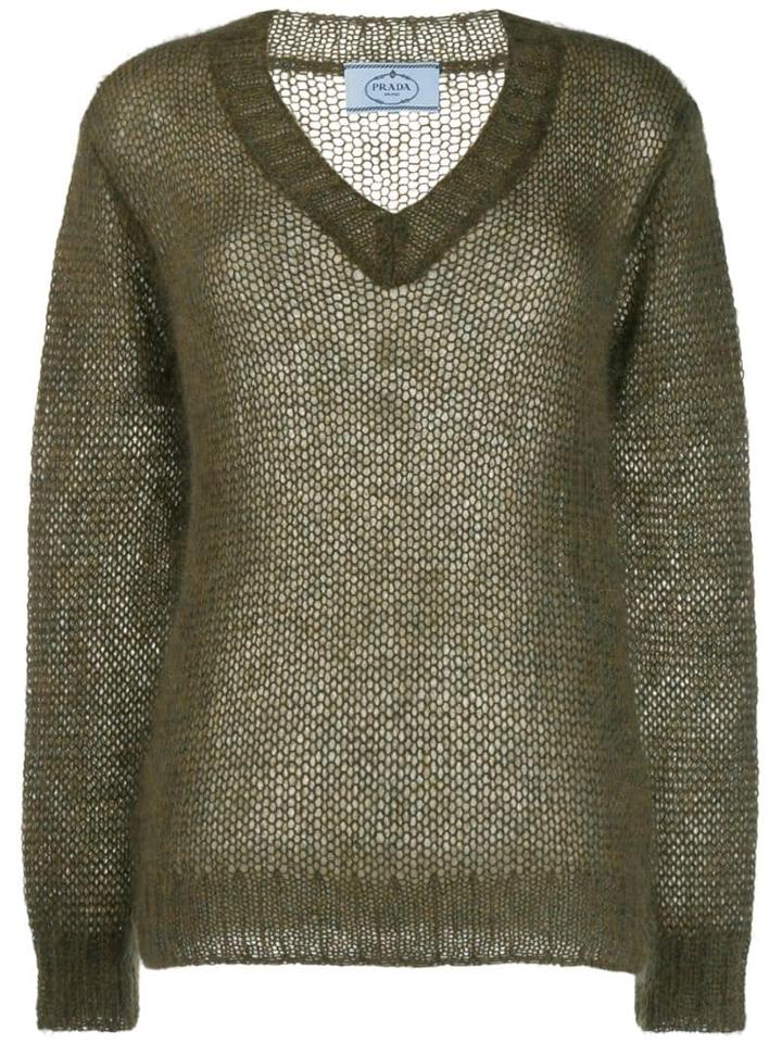 Prada Mohair V-neck Cable Knit Top - Green