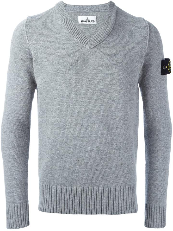 Stone Island V Neck Jumper, Men's, Size: Large, Grey, Polyamide/wool