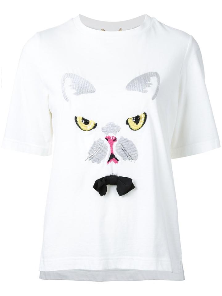 Muveil Cat Embroidery T-shirt, Women's, Size: 36, White, Cotton