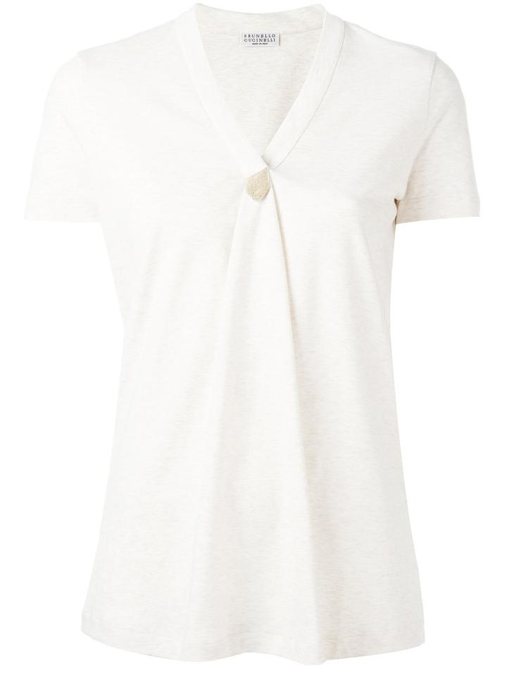 Brunello Cucinelli Pleated Detail V-neck T-shirt, Women's, Size: Medium, Nude/neutrals, Cotton