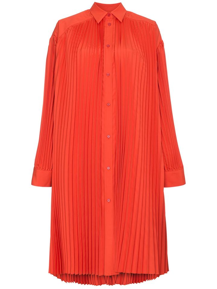 Juun.j Pleated Long Sleeve Midi Shirt Dress - Red