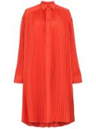 Juun.j Pleated Long Sleeve Midi Shirt Dress - Red