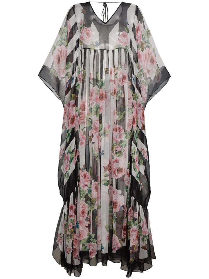 Dolce & Gabbana Rose Print Maxi Kaftan Dress - Black