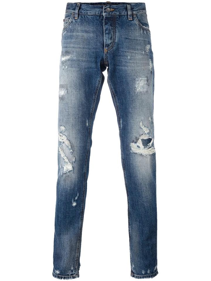 Dolce & Gabbana Ripped Detail Jeans, Men's, Size: 54, Blue, Cotton