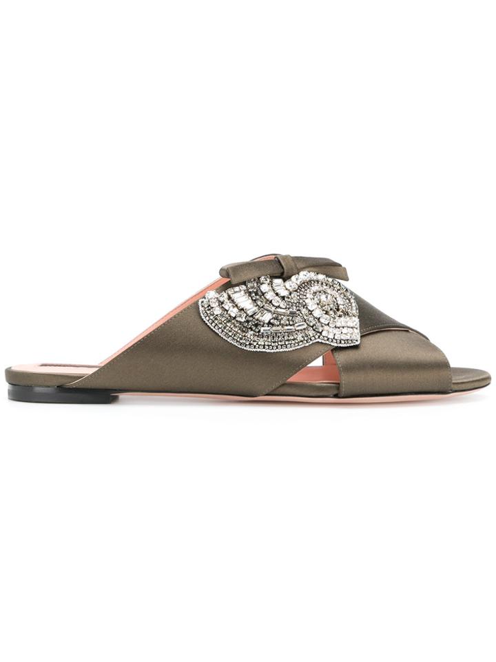 Rochas Cross Strap Embellished Sandals - Green