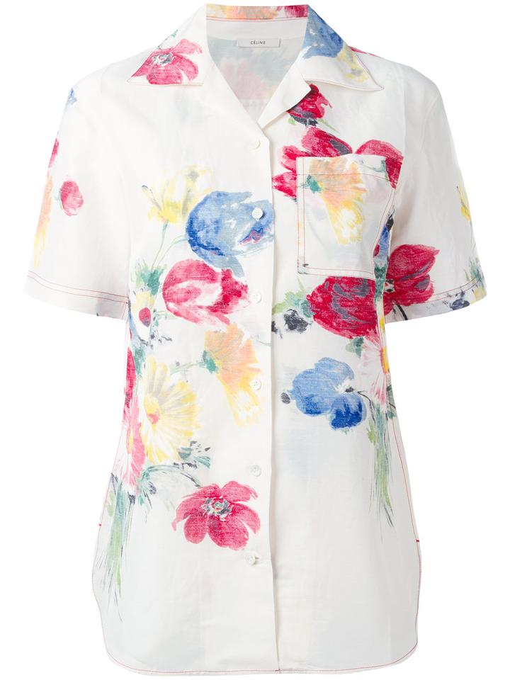 Céline Floral Print Short Sleeve Shirt With Pocket, Women's, Size: 40, Nude/neutrals, Linen/flax/viscose