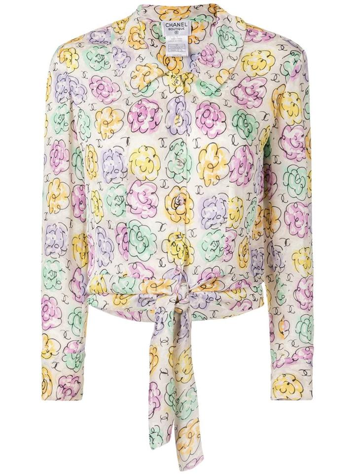 Chanel Vintage Flower Pattern Long Sleeve Silk Shirts - White