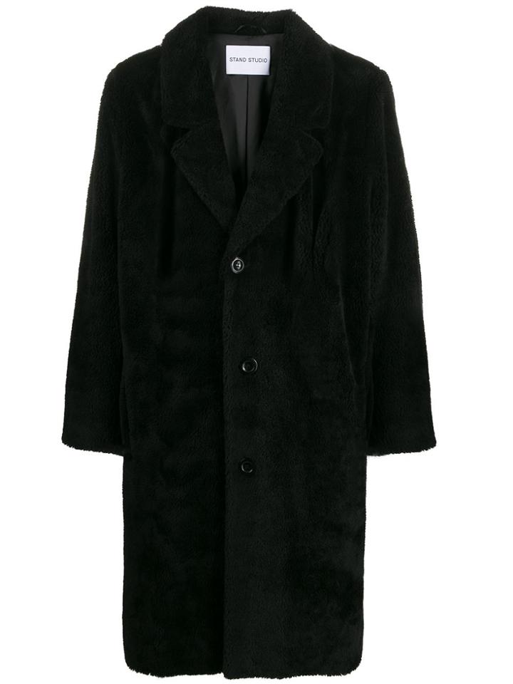 Stand Shearling Single Breasted Coat - Black