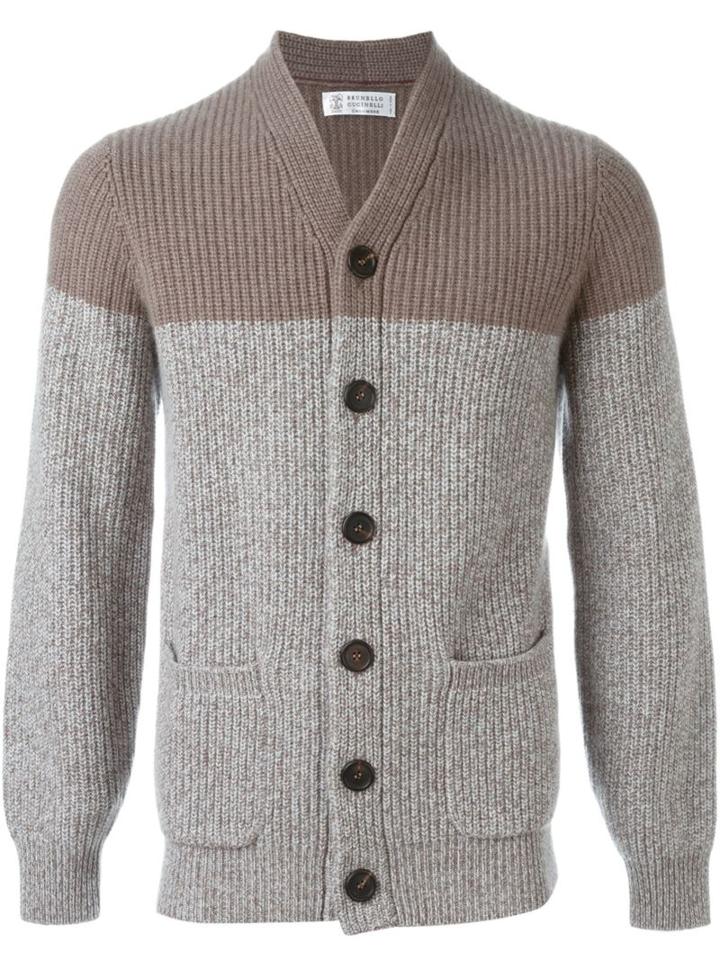 Brunello Cucinelli Cashmere Colour Block Cardigan, Men's, Size: 52, Brown, Cashmere