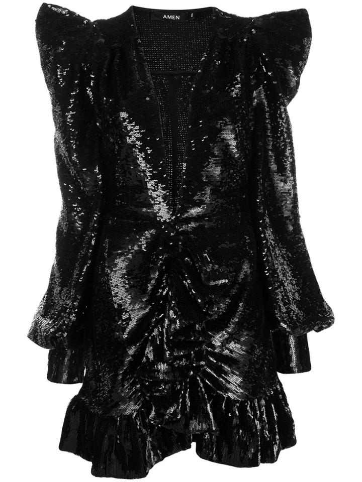 Amen Sequin Embroidered Cocktail Dress - Black